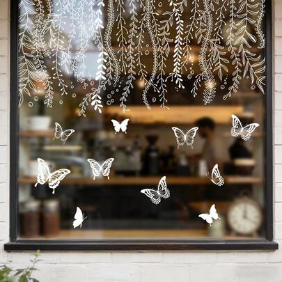 1/3 ชิ้น สง่างาม เถาวัลย์ดอกไม้แขวน ฟิล์มติดหน้าต่างแบบคงที่ สติกเกอร์ติดกระจกรูปผีเสื้อ ถอดออกได้ ใช้ซ้ำได้ สำหรับตกแต่งหน้าต่างบ้าน ร้านกาแฟ ศิลปะกระจกสวยงาม