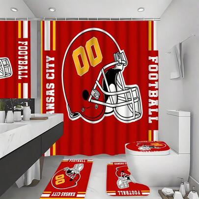 1/3/4pcs Red Football Pattern Funny Shower Curtain, Retro American Football Helmet Printed Shower Curtain Set, Bathroom Window Curtain, Bathroom Accessories Including U-Shaped Mat, Toilet Mat, Anti-Slip Bath Mat, With Hooks, Bathroom Shower Curtain Set, Bathroom Set, Shower Curtain Set, Home Decor, Bathroom Decor, Suitable As Football Game Gift, Exquisite Gift