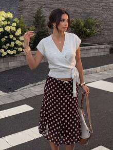 HoloChill Women's V-Neck Wrap Knit Top, Short Sleeve, Asymmetric Ribbed Hem, Side Tie Design, Stretchy, Summer Blouse, Women's Spring Clothing, Women's Holiday Party Top, Women's Beach Outfit, Women's Casual Outerwear, Women's Elegant Summer Vacation Wear - Grey - View 7