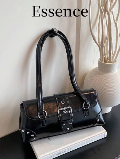 1 chiếc túi đeo chéo nữ màu đen, chất liệu PU, kiểu dáng baguette, trang trí đinh tán kim loại, kiểu dáng mới, thích hợp cho mùa xuân.