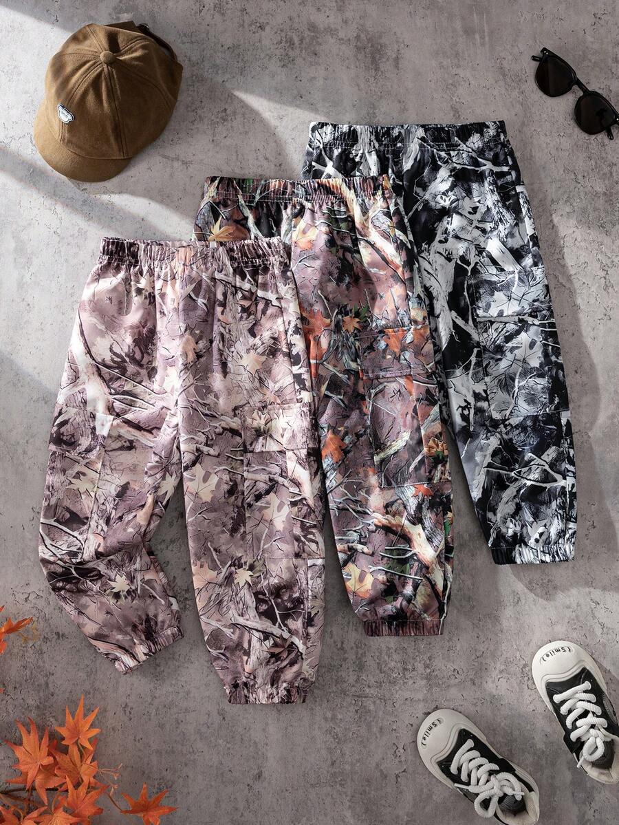 3pcs Boys' Fashion Digital Print Cargo Pants, Ankle-Tied, Personalized Digital Print, Suitable For Casual Street Style - Multicolor - View 1