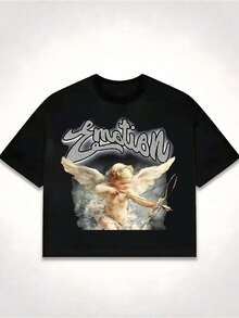 Double Sided Printing (220 Pure Cotton T-Shirt) 'nation' Letters And Angel Portrait Pattern Printing For Men's Summer Round Neck Short Sleeved Casual Pure Cotton Printing VHUTHK - màu đen - Xem 1