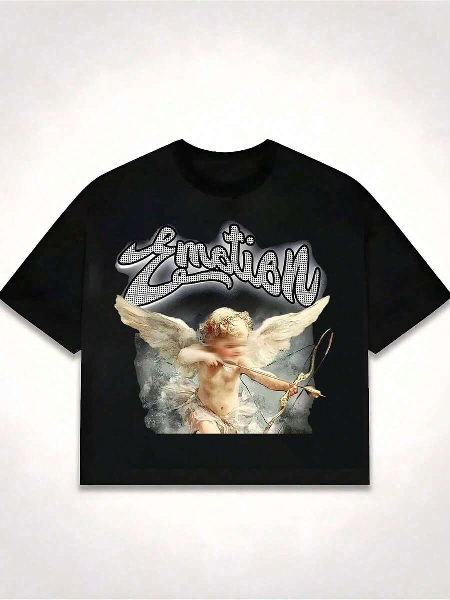 Double Sided Printing (220 Pure Cotton T-Shirt) 'nation' Letters And Angel Portrait Pattern Printing For Men's Summer Round Neck Short Sleeved Casual Pure Cotton Printing VHUTHK - màu đen - Xem 1