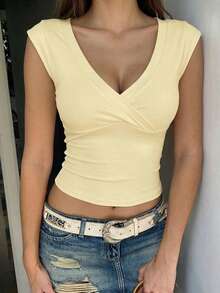 女士夏季Y2K风格修身百搭交叉V领无袖吊带背心，适合海滩度假，黄色休闲家居服 - 黃色 - 查看 4