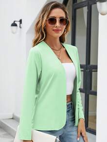 Chaqueta casual de manga larga con abertura frontal de unicolor para mujer, primavera/otoño - verde claro - Ver 2