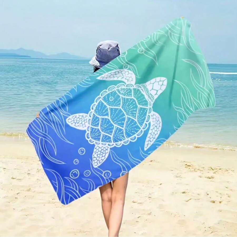 1 chiếc khăn tắm biển mềm mại, nhanh khô hình rùa biển hoạt hình màu xanh dương, khăn tắm unisex - 2 - Xem 1