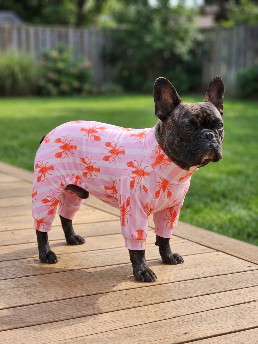 Dog Summer Shedding Hair Control Pajamas - Breathable High Stretch Full Coverage Pet Rompers, Summer Anti Licking & Bug Protective Jumpsuit For Medium Large Dogs, All Over Printing Dog Clothes - Cute Pink Stripe And Crayfish Pattern - Multicolor - View 1