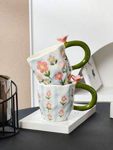 Cốc sứ vẽ tay hình dáng bất đối xứng mới, trang trí hoa hồng 3D và quai xanh, chất lượng cao, thích hợp làm quà tặng tại nhà, văn phòng, dịp lễ, sinh nhật, ngày Valentine, ngày của Mẹ. - Nhiều màu - Xem 6