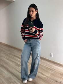 Women's Striped Polo Shirt, Knit, Winter, Knitted Fabric, Nightwear, Daily, Travel, Vacation, Autumn/Winter - 海軍藍/紅色 - 查看 2
