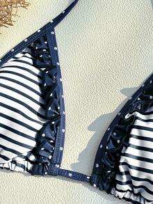Women's Swimwear Bikini, Casual Patterned Striped Polka Dot Beach Outfit, Brown Fashionable Outerwear/Fitness Wear/Casual/Y2K/2000s/Y2K Style/Elegant/Retro/Streetwear/Vacation/Music Festival Pool Party Ladies Beach Attire, Summer 2026 - Blue and White - View 6