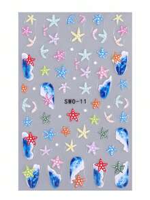 SWEET TREND 5D卡通海星美甲贴纸2片装 蓝色海洋波浪 可爱彩色海星海洋动物设计 DIY夏季卡哇伊凝胶指甲油 自粘沙龙贴纸 滑动式美甲装饰 美甲用品 - 彩色 - 查看 3