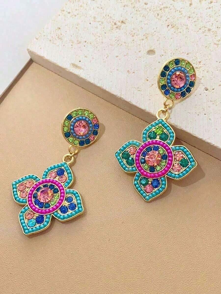 1pair Bohemian Multicolor Crystal Flower Drop Earrings, Vintage Gold-Tone Earrings For Women, Ideal For Daily, Vacation & Festival Occasions - Nhiều màu - Xem 1