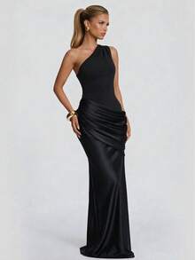Vestido de fiesta sin mangas de unicolor sexy con cremallera asimétrico/asimétrica sin espalda - Negro - Ver 6