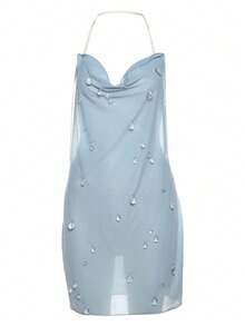 Women's Sequin Halter Neck Mini Dress Sheer Ruffled Hem Flounce Detail Stunning Evening Party Gown  Clubwear - 淺色水洗藍 - 查看 9