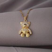1pc 18K Gold Luxury Elegant Glamorous Full Rhinestone Heavy Work Teddy Bear Necklace For Women, Suitable For Daily Wear - Multicolor - View 3