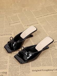 女士方头蝴蝶结黑色高跟凉鞋，休闲百搭无后跟穆勒凉鞋，夏季必备 - 黑色 - 查看 2