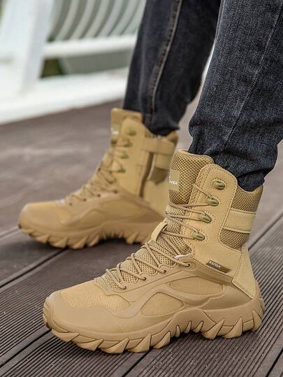 1 Pair Men's High-Top Tactical Boots | Side Zipper + Lace-Up Design | Fabric Patchwork Upper | Durable Rubber Outsole | Military Style Work Boots For Outdoor Hiking & Trekking | Multi-Color Options | Comfortable For All Seasons, Suitable For Outdoor Adventure, Combat Training And Daily Commute
