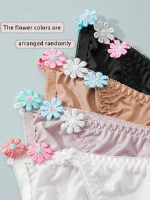 DORSU 4pcs/Pack Sexy Solid Color Floral Printed Silky Soft Triangle Panties, Comfortable Summer Holiday Underwear For Women - Multicolor - View 3