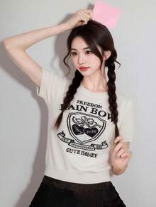 Alicedudu Áo dệt kim tay ngắn cổ tròn tối giản phong cách thường ngày dành cho nữ, thích hợp cho mùa hè. - Màu be - Xem 5