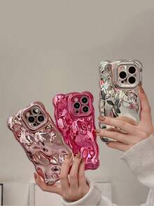 Ốp điện thoại Valentine Y2K mạ bạc họa tiết sóng và bong bóng, tương thích với iPhone, chống nước, chống sốc, chống rơi vỡ và chống trầy xước. - Hồng - Xem 6