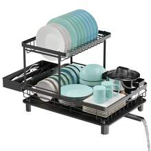 Dish Drainer Dish Rack,Dish Drainers,Dish Drainer Rack, 2 Tier Dish Drainer With Drip Tray And Swivel Spout, Dish Rack With Utensil Holder,Draining Board For Kitchen Counter - Black - View 1
