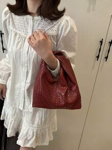 时尚不对称旋转方形手提包,PU编织纹理背包,简约多功能工作包,带可拆卸手柄钱包(图案随机),新款时尚百搭手提包,简约休闲设计,斜挎包,轻便大容量托特包 - 彩色 - 查看 9