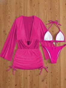 4pcs Sexy Solid Color Bikini Set With Sheer Cover-Up, Suitable For Vacation, Beach Party, Also Ideal For New Year And Valentine's Day, Exuding Elegance And Avant-Garde, Perfect Choice For Casual Women In Spring/Summer - 玫紅色 - 查看 3