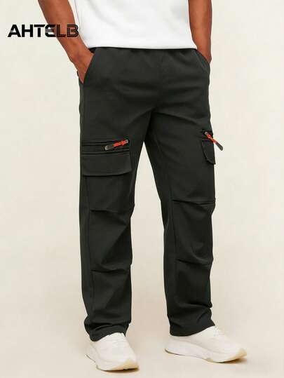  AHTELB Men's Solid Color Casual Cargo Pants, Breathable Comfortable Fashion Suitable For Outdoor Sports, Multi-Pocket Loose Straight Leg Trousers, Spring/Summer/Autumn