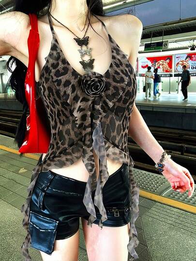 Sexy Leopard Print 3D Floral Decor Strap Neck Sleeveless Top