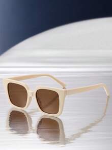 1 paire de lunettes de soleil carrées beiges minimalistes unisexes, convenant aux activités extérieures, aux courses, à la conduite, idéal comme cadeau, lunettes de mode haut de gamme pour la rue et la photographie de style décontracté - Beige - Voir 2