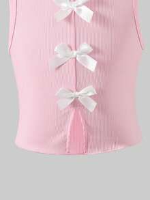 Set de 2 piezas: Top corto sin mangas con cuello redondo y lazo, y pantalones vaqueros anchos y sueltos para niñas preadolescentes, conjunto de verano - Rosa - Ver 4