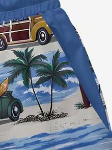 Short d'été pour hommes, maillots de bain hawaïens monocouches sans doublure, shorts de plage décontractés à taille élastique et cordon de serrage avec imprimé 3D vintage numérique de cocotiers pour les vacances et l'extérieur - Multicolore - Voir 4