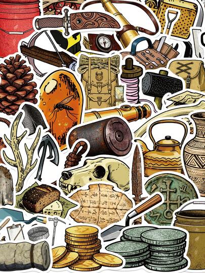 50Pcs Archaeological Tools Stickers Shovel Telescope Studying Antiques Cartoon Stickers Notebook Decorative Waterproof Stickers