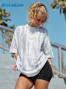 GEMCHO Women's Casual Printed Short Sleeve T-Shirt - Light Grey - View 1