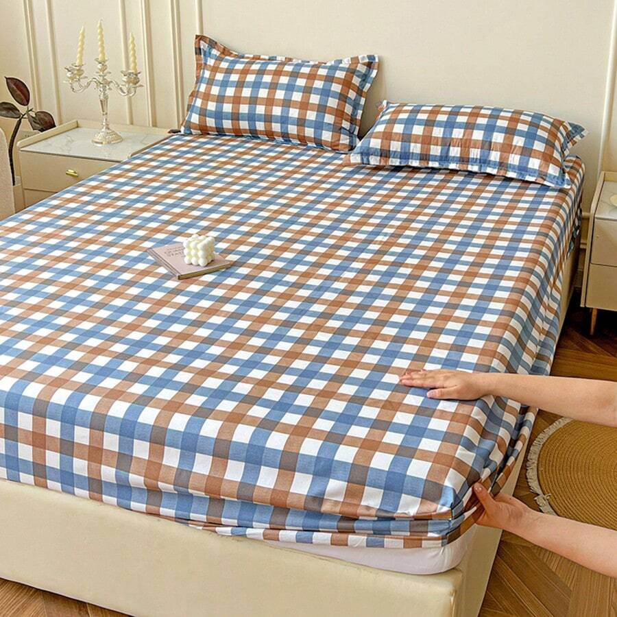 三件套床上用品，蓝咖啡条纹图案，柔软舒适，包含1个床笠和2个枕套，不含枕芯，适合宿舍、卧室使用，多种尺寸可选 - 藍卡色 - 查看 1
