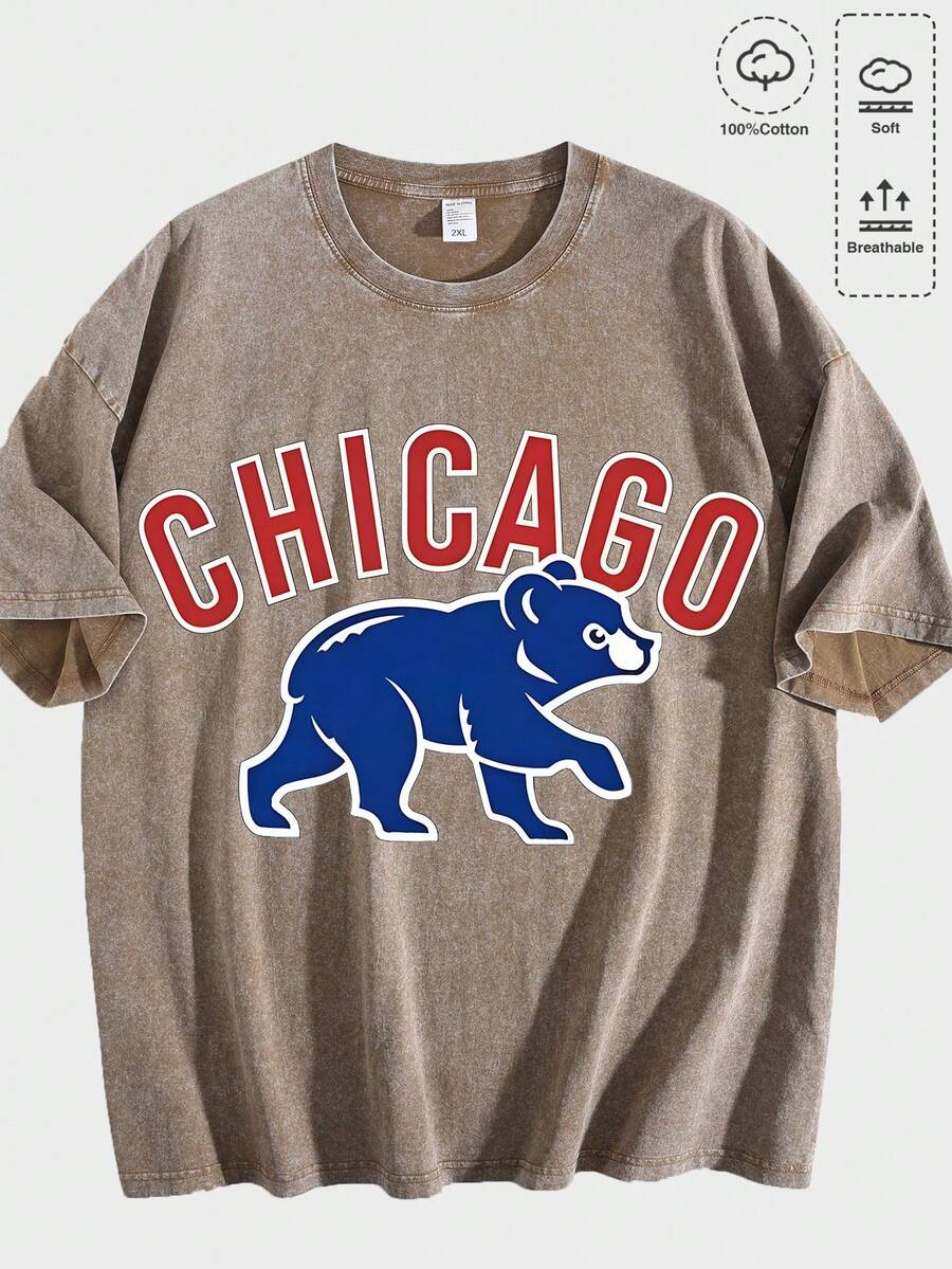 Vintage Washed Chicago Cubs Baseball Graphic Tee | Retro Windy City T-Shirt - 咖啡棕色07 - 查看 1