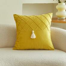 1pc Yellow Pleated Tassel Patchwork Decorative Pillow Cover, Suitable For Indoor Decor, All Season Pillow Sham, Pillow Insert Not Included - Yellow - View 9