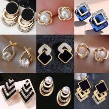12pcs Alloy Square Earrings For Women, New Rhinestone Square Earrings, Retro Luxury Earrings, Assorted Styles - Gold - View 1