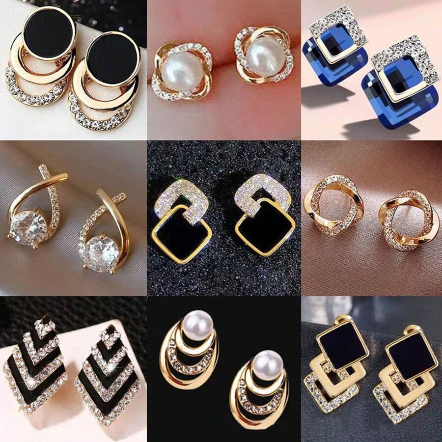 12pcs Alloy Square Earrings For Women, New Rhinestone Square Earrings, Retro Luxury Earrings, Assorted Styles - Gold - View 1
