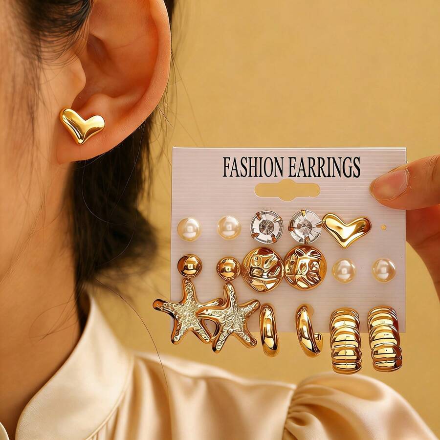 16Pcs Minimalist Metal Twist Hoop Earrings For Women - Daily/Party/Beach Jewelry Fashion Statement Accessories - Gold - View 1