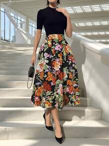 春夏新款复古活力花卉图案喇叭裙，优雅的下午茶花园装扮或都市约会装扮，修身百搭的女士度假裙装，黑色 - 黑色 - 查看 3