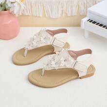 Milky White: Milky White Girls' Thong Sandals, Floral Crystal Princess Shoes, Soft Non-Slip Children's Beach Shoes, Little Girls' Summer Slippers - Beige - View 2