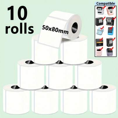 10 rollos de 50x80mm Etiquetas blancas autoadhesivas, aptas para negocios, oficina, direcciones, envíos, hogar, códigos de barras, ropa, manualidades, multiusos, compatibles con impresoras de etiquetas M221/M110/M200/M120/M220/P50/portátiles