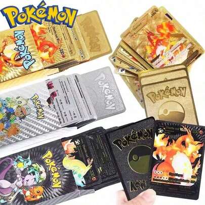 pokemon 55pcs Gold Foil Alphabet Letter Cards In English/Spanish/French/German, Metallic Fire Dragon Vmax GX Series, Assorted Packaging