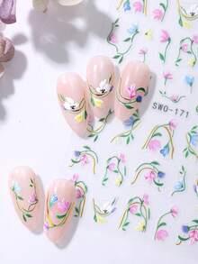 SWEET TREND 5D彩色花朵线条美甲贴纸2片装，金色条纹线条油画风格，雏菊、郁金香、向日葵、蜜蜂、绿叶、藤蔓，法式美甲设计，DIY复古春夏花卉图案，自粘沙龙贴纸，美甲装饰 - 彩色 - 查看 10