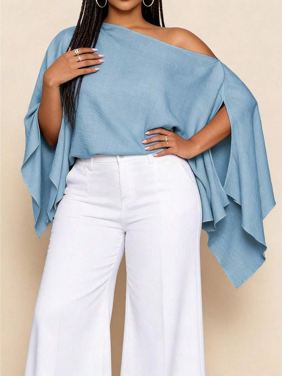 Women's Plus Size Flowy Tops Solid Color Batwing Sleeve Off One Shoulder Loose Fit Blouse Casual Beach - Teal Blue - View 1