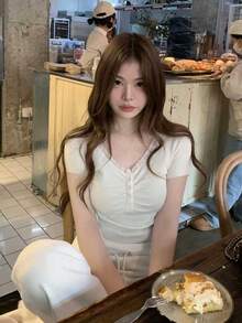 女士蕾丝边V领短袖衬衫 - 白色 - 查看 3