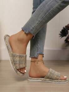 女士新款亚麻图案室内平底拖鞋，夏季防滑加厚舒适亚麻平底凉鞋，软底毛绒拖鞋 - 綠色 - 查看 5