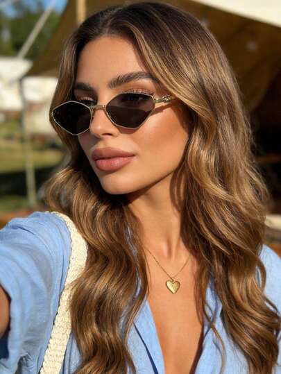 1副复古窄框不对称多边形金属镜框女士时尚眼镜，ins街头风眼镜，女士复古金属时尚眼镜，夏季沙滩配饰，女士户外驾驶眼镜