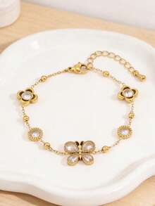 Vòng tay hình bướm và cỏ ba lá mạ vàng 18K đính pha lê, phong cách Bohemian, trang sức mùa hè đi biển, dây chuyền thép không gỉ có thể điều chỉnh. - Vàng - Xem 6